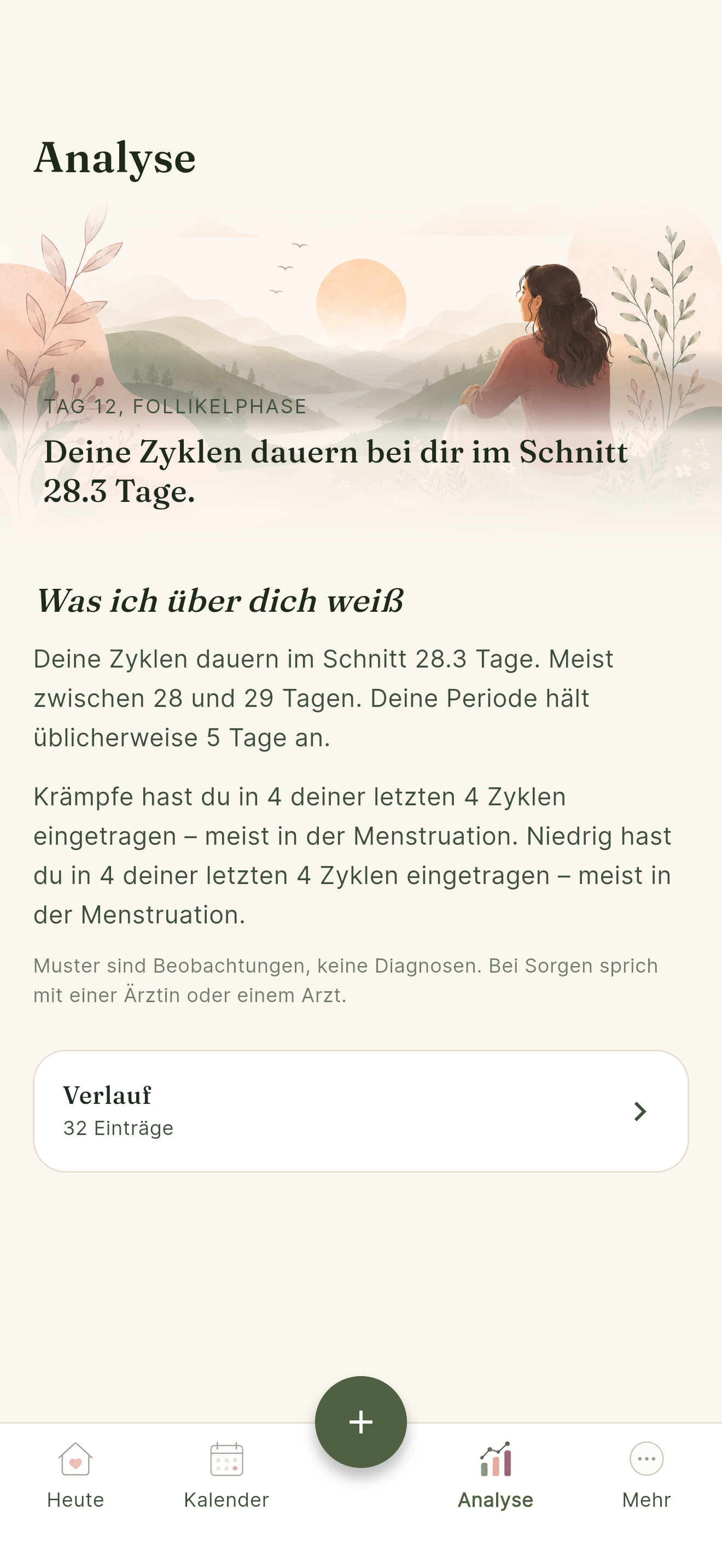 Noralia Analyseansicht mit Zyklusdurchschnitt, Musterbeobachtungen und Hinweis, dass Muster keine Diagnosen sind.