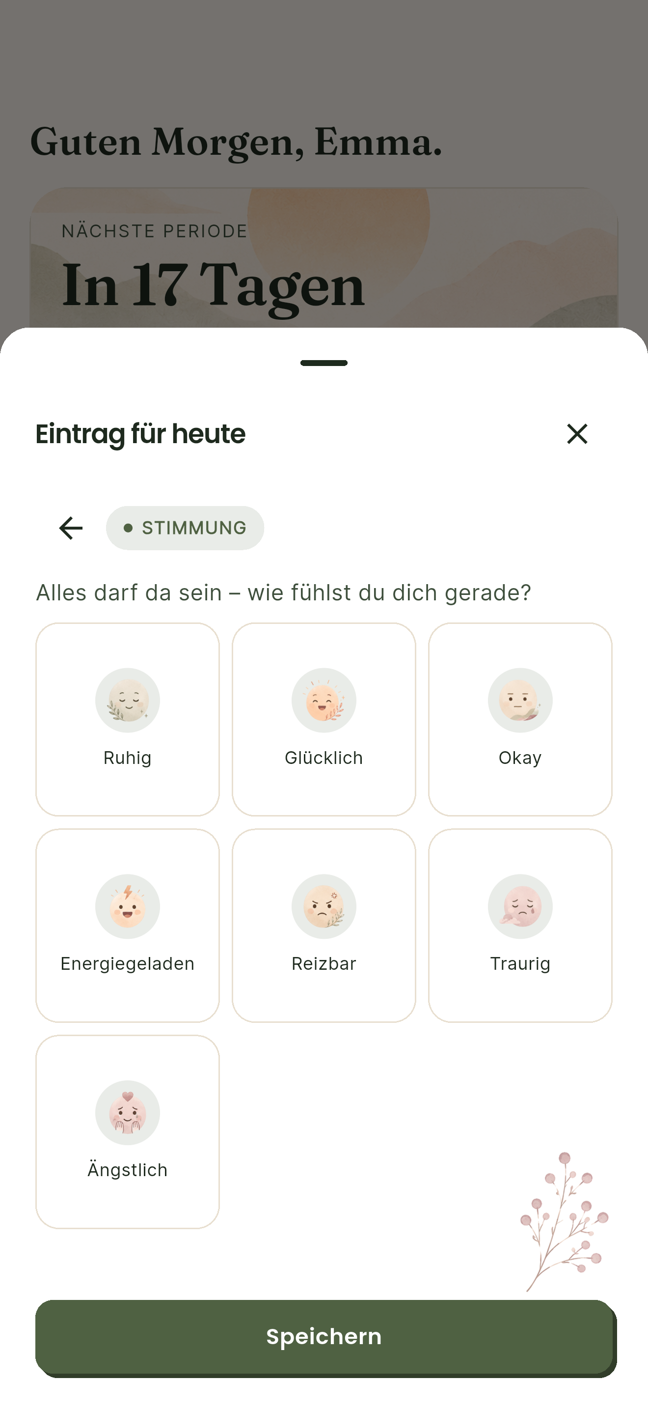 Noralia Stimmungserfassung mit Optionen wie ruhig, glücklich, ok, energiegeladen, gereizt, traurig und ängstlich.