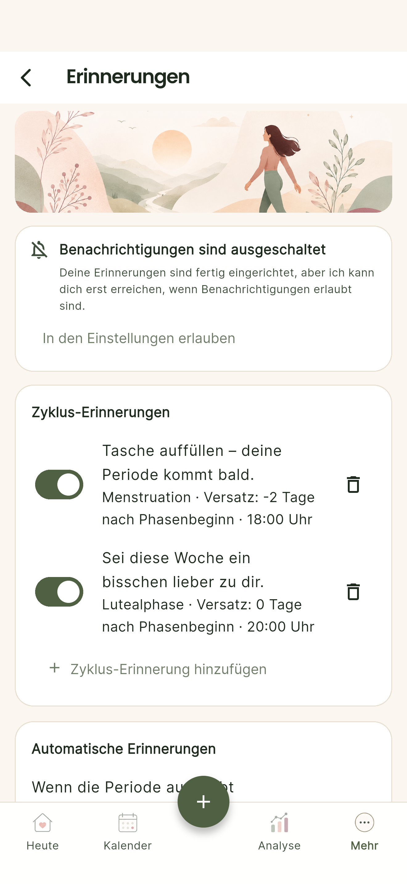 Noralia Erinnerungsansicht mit diskreten Zyklus-Erinnerungen und Benachrichtigungsstatus.