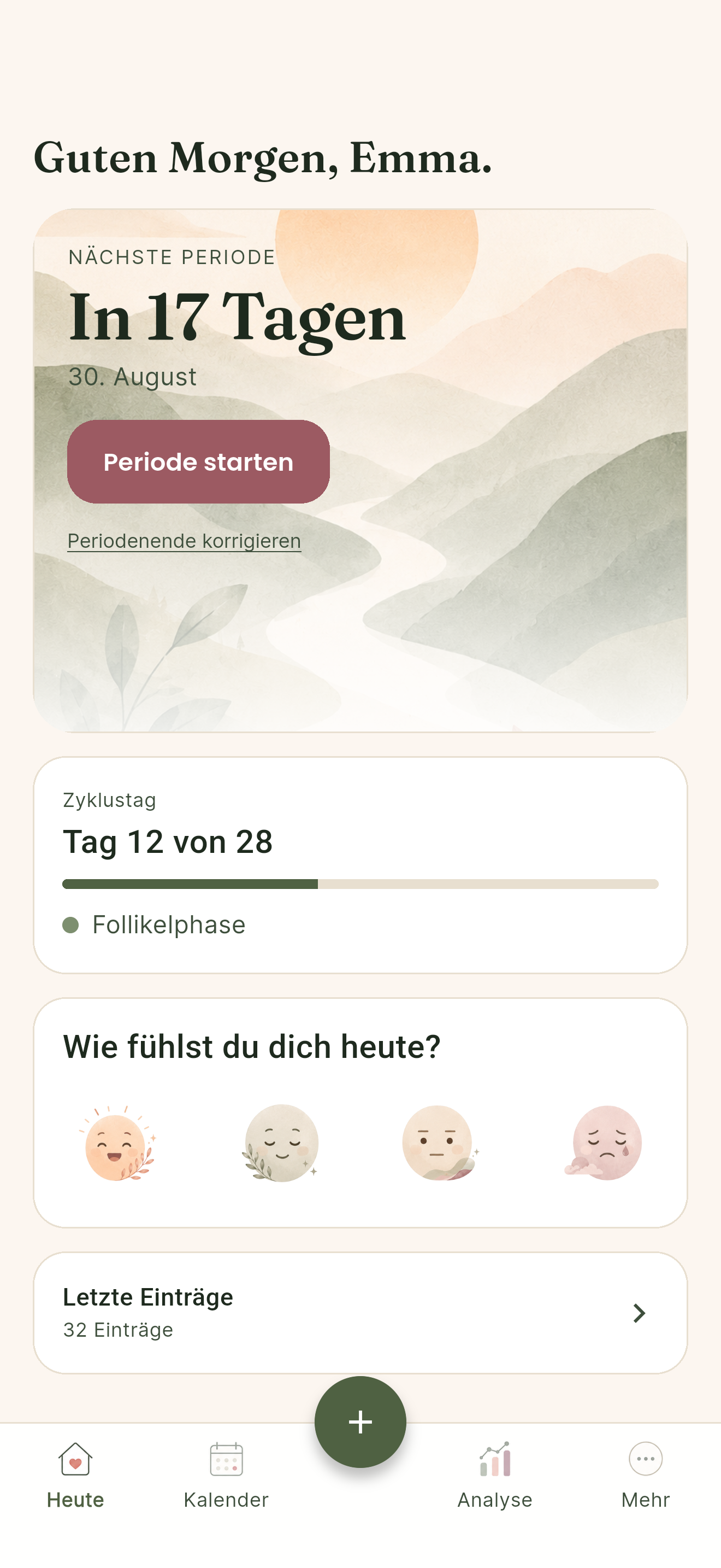 Noralia Heute-Ansicht mit Schätzung zur nächsten Periode, Zyklustag, Stimmung und letzten Einträgen.