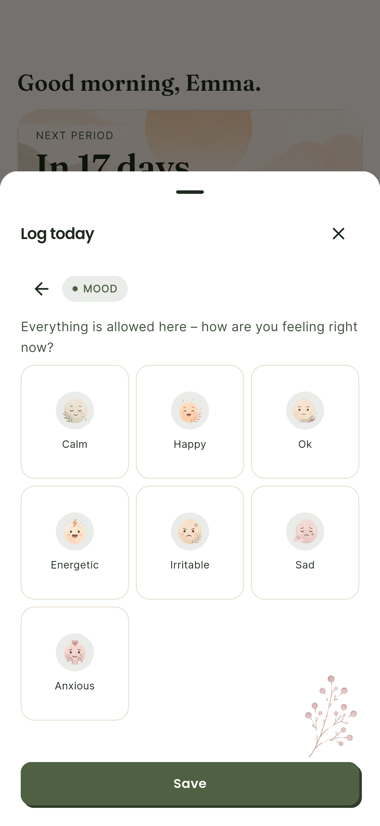 Noralia mood logging screen with calm, happy, ok, energetic, irritable, sad, and anxious options.