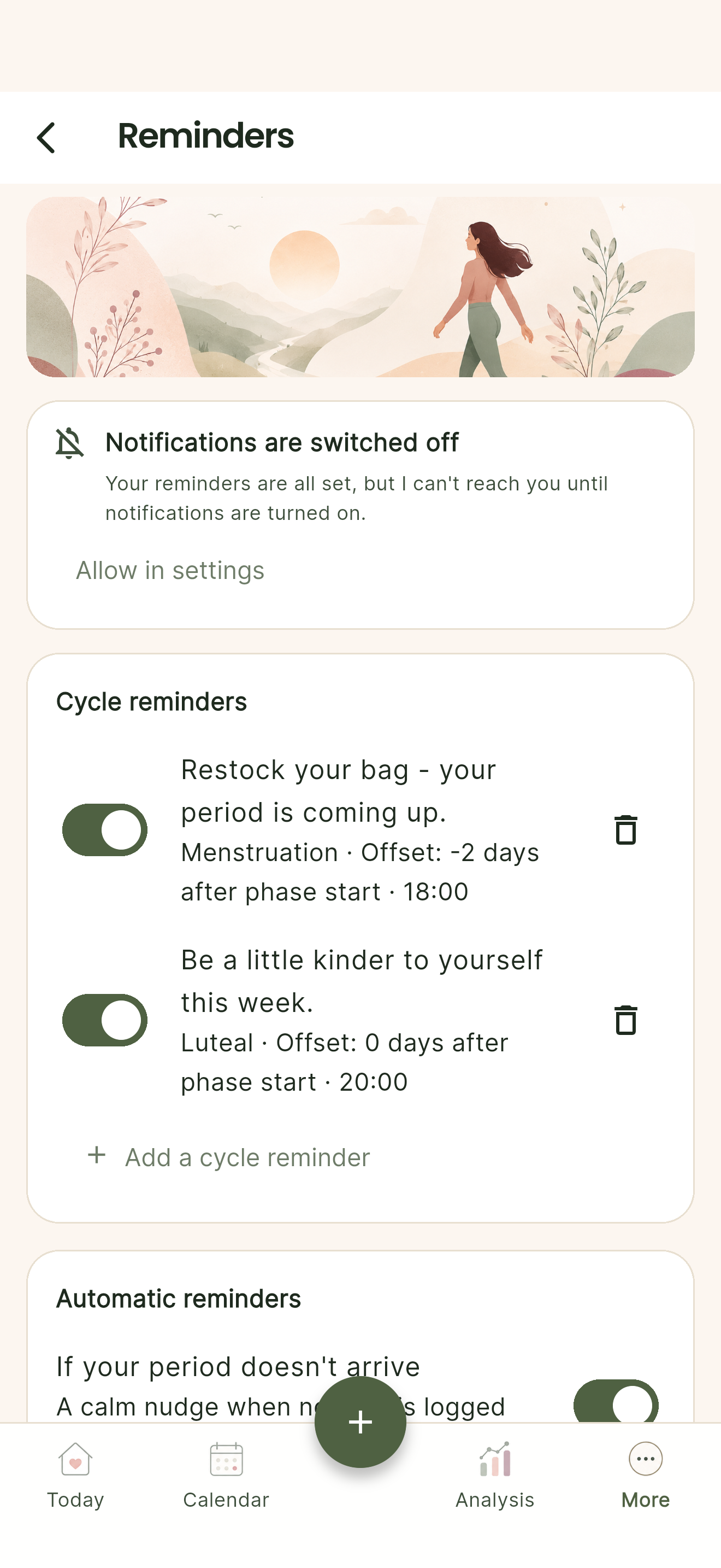 Noralia reminders screen with discreet cycle reminders and notification status.