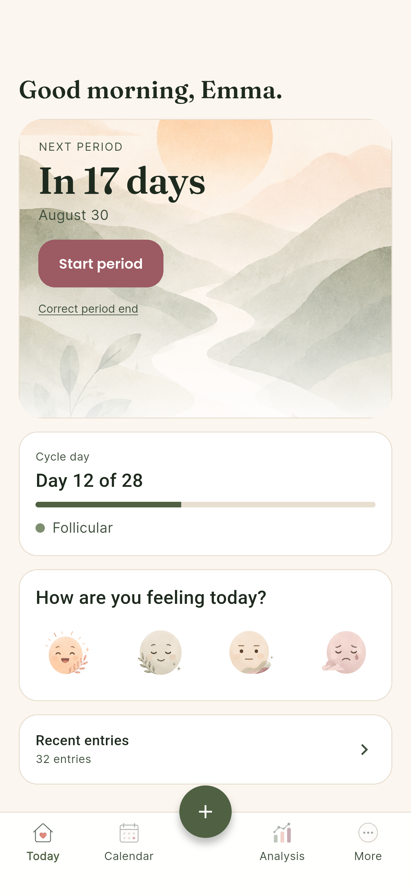 Noralia Today screen with next period estimate, cycle day, mood logging, and recent entries.
