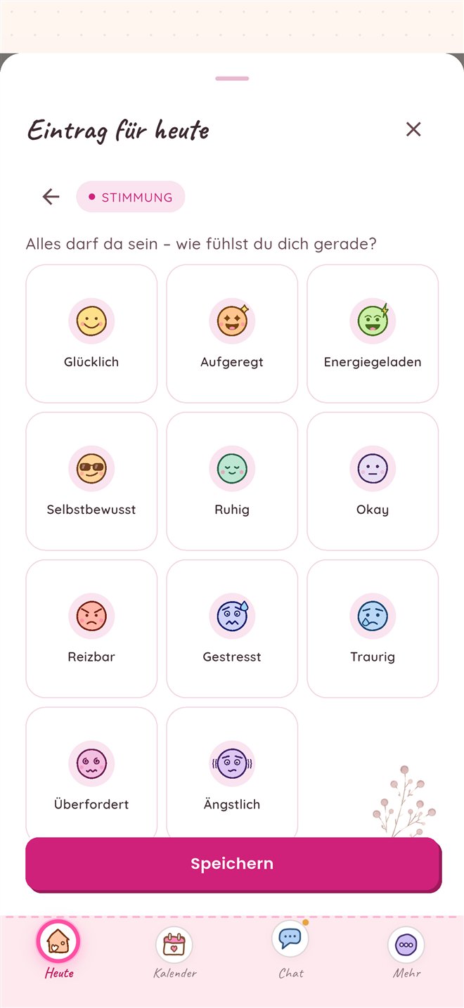 Noralia Stimmung erfassen mit elf Stimmungen, von glücklich und ruhig bis überfordert und ängstlich.