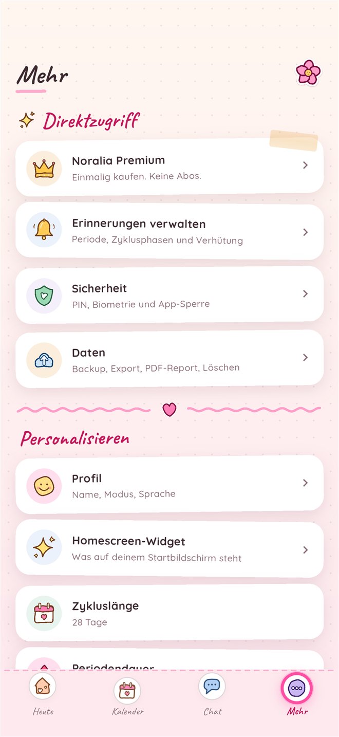 Noralia Mehr-Menü: Premium, Erinnerungen, Sicherheit mit PIN und Biometrie sowie Datenexport.