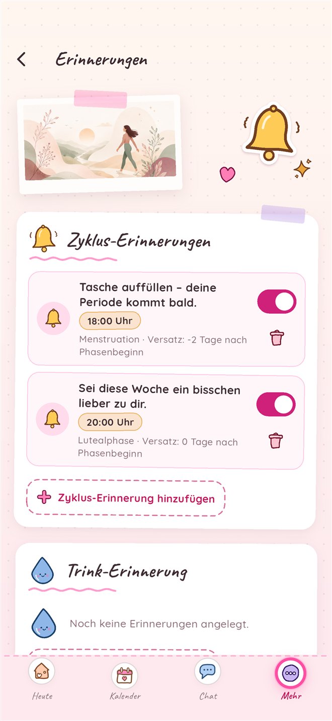 Noralia Zyklus-Erinnerungen mit diskreter Formulierung und Schalter pro Erinnerung.