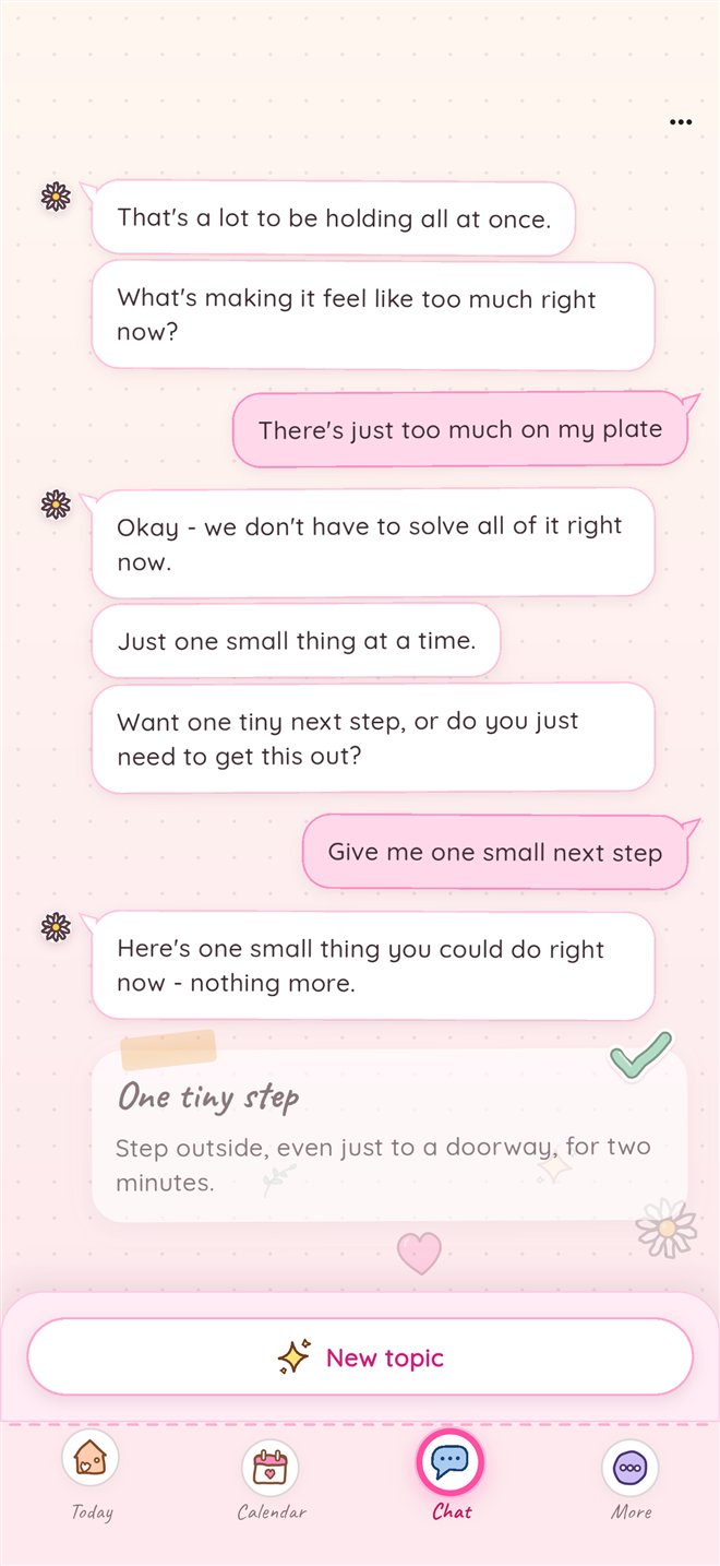 Ask Noralia chat: after 'There's just too much on my plate', Noralia replies 'We don't have to solve all of it right now' and offers one tiny next step.