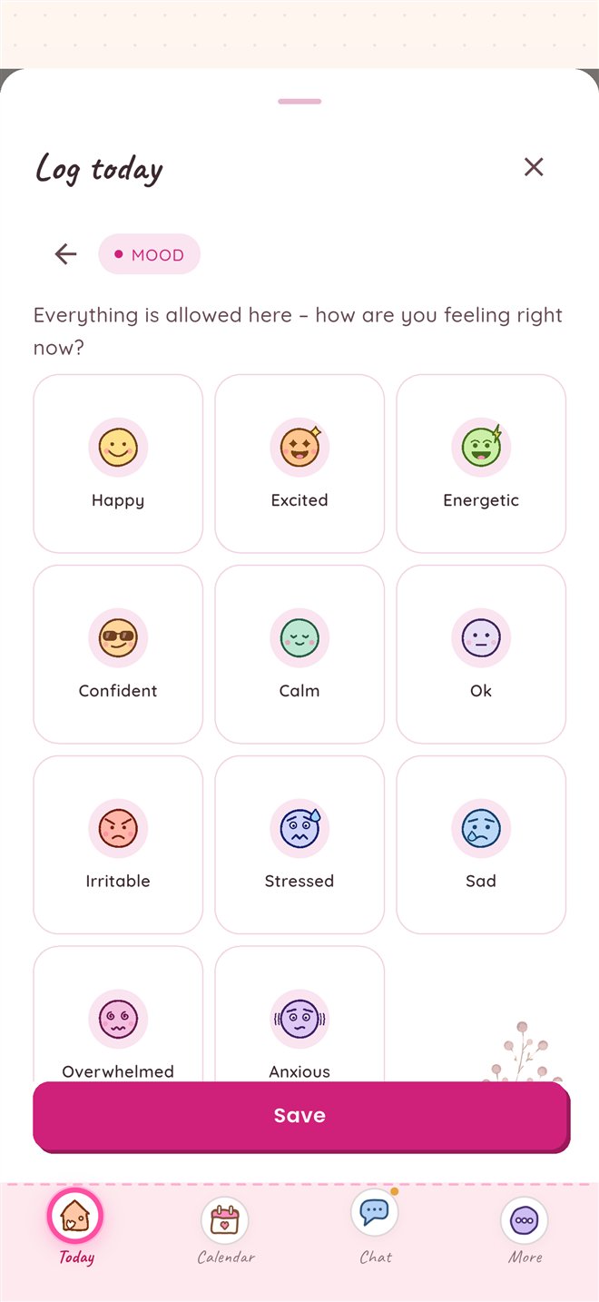 Noralia mood logging with eleven moods, from happy and calm to overwhelmed and anxious.