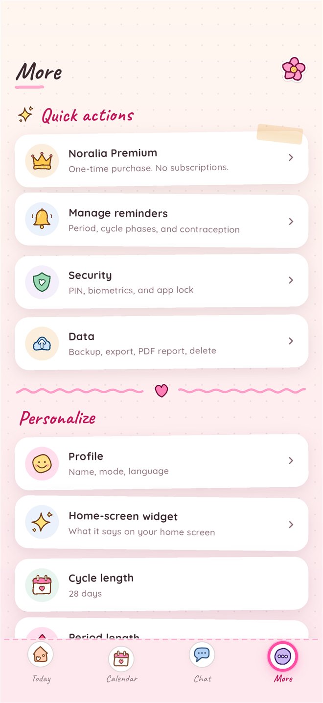 Noralia More menu: Premium, reminders, security with PIN and biometrics, and data export.