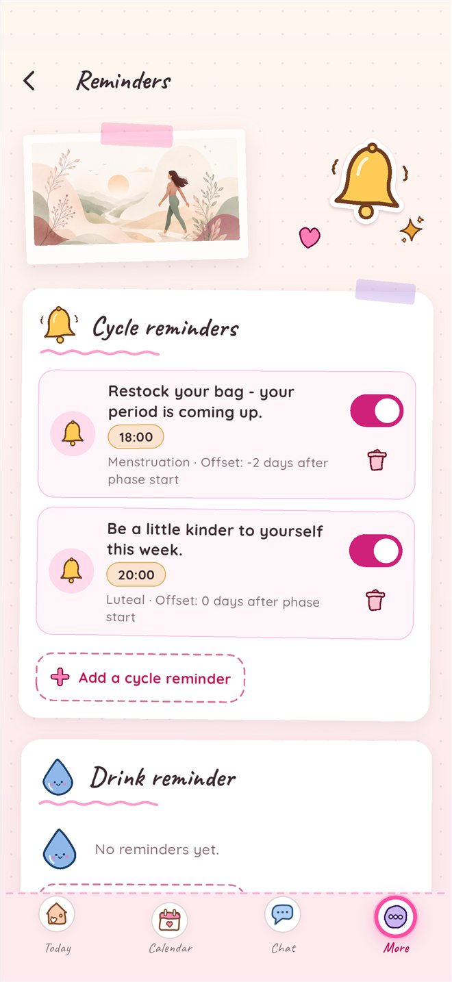 Noralia cycle reminders with discreet wording and per-reminder switches.