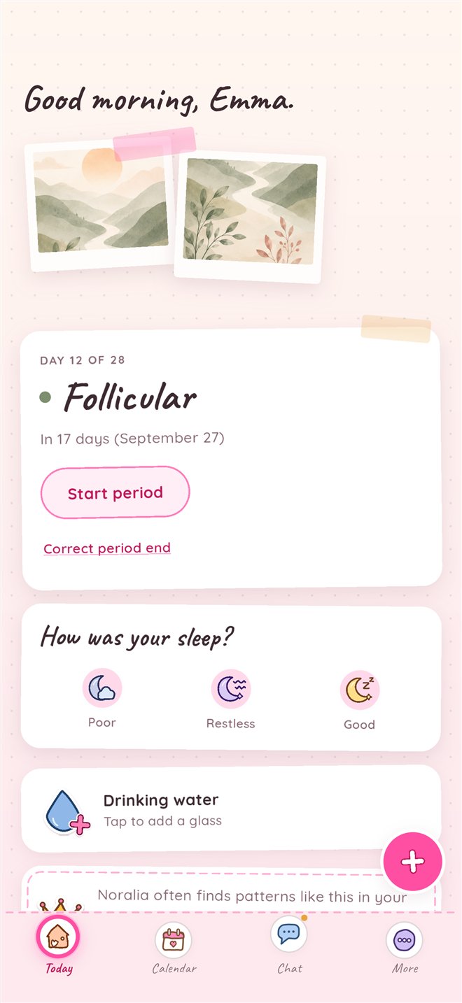 Noralia Today screen: day 12 of 28, follicular phase, sleep check-in and water tracker.