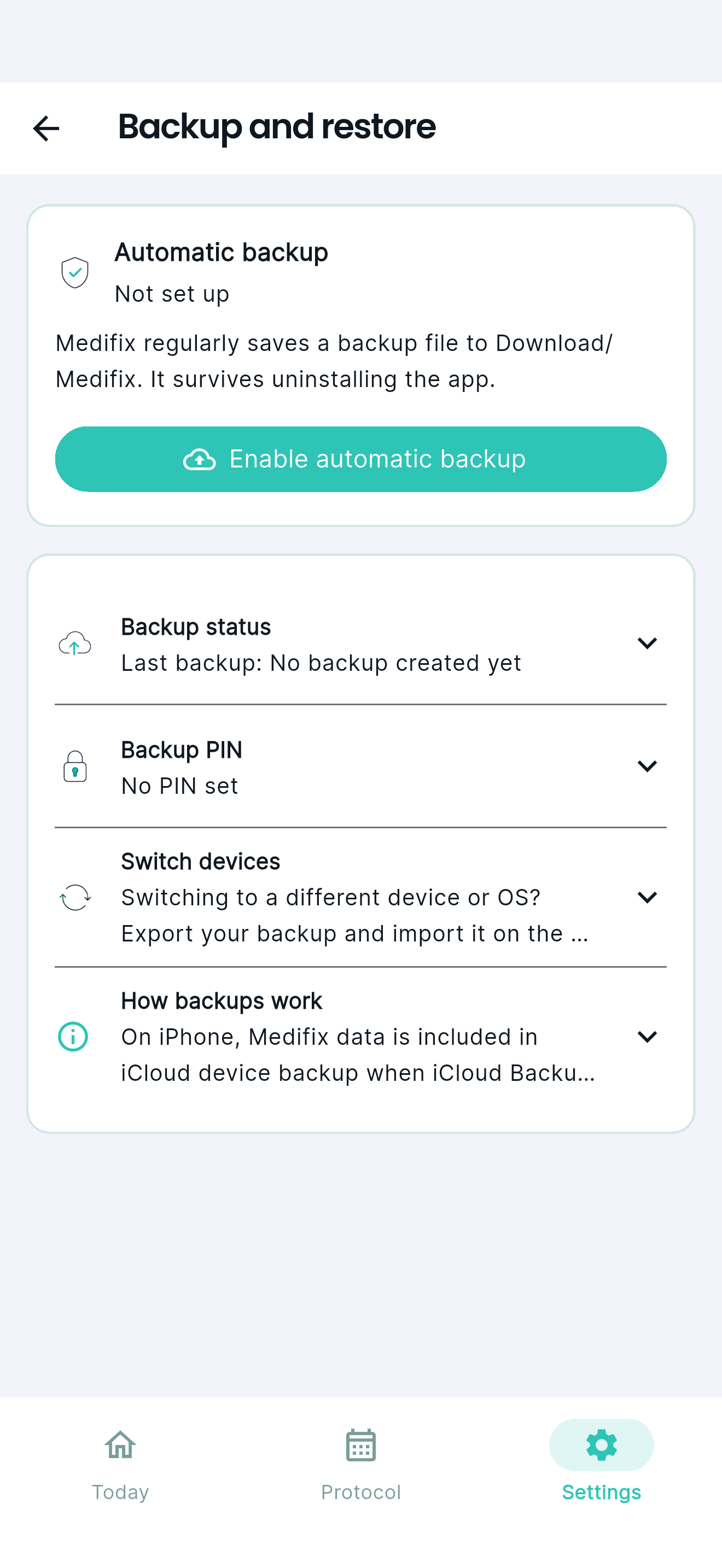 Medifix backup and restore screen