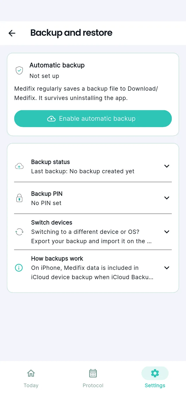 Medifix Backup- und Wiederherstellungs-Ansicht