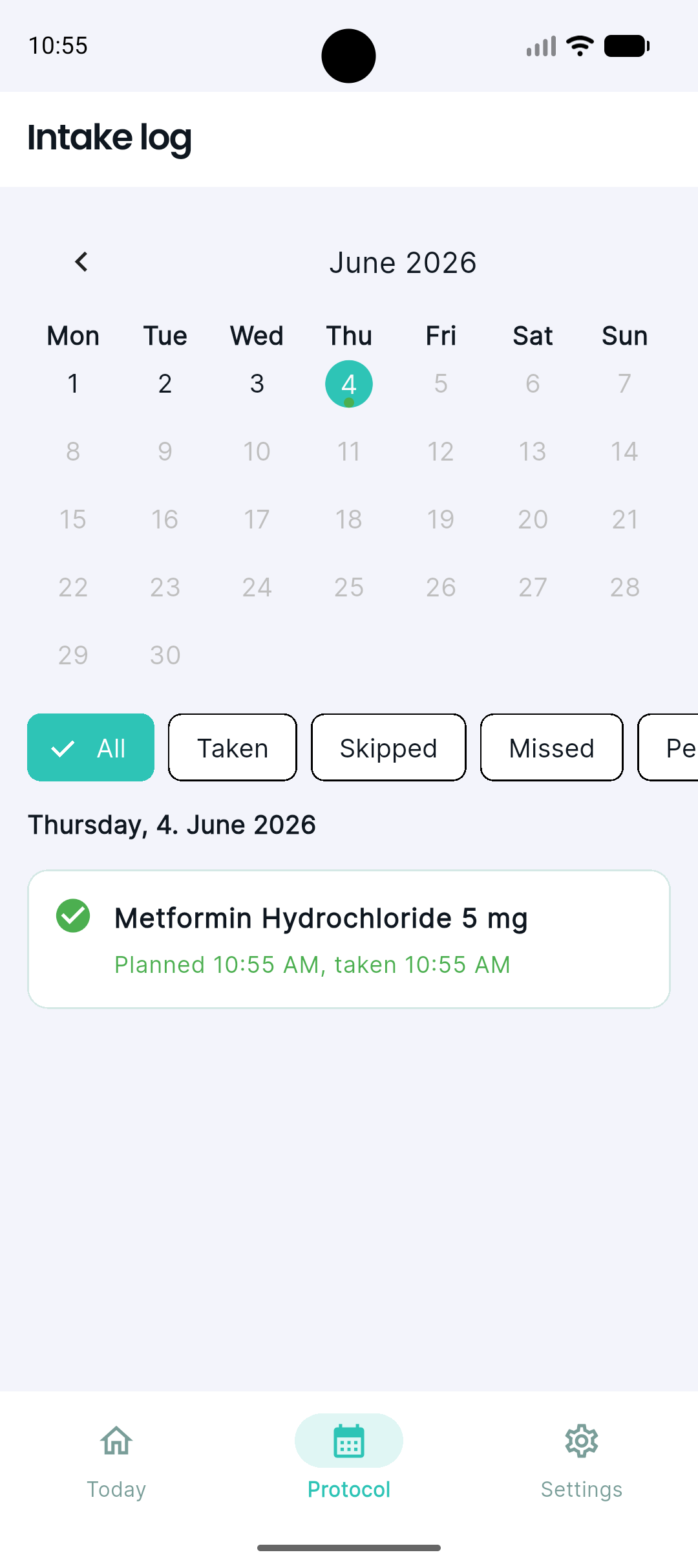 Medifix calendar view showing medication intake history