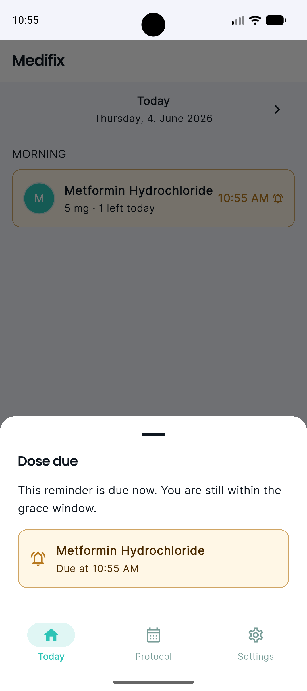 Medifix active medication reminder screen — works in silent mode