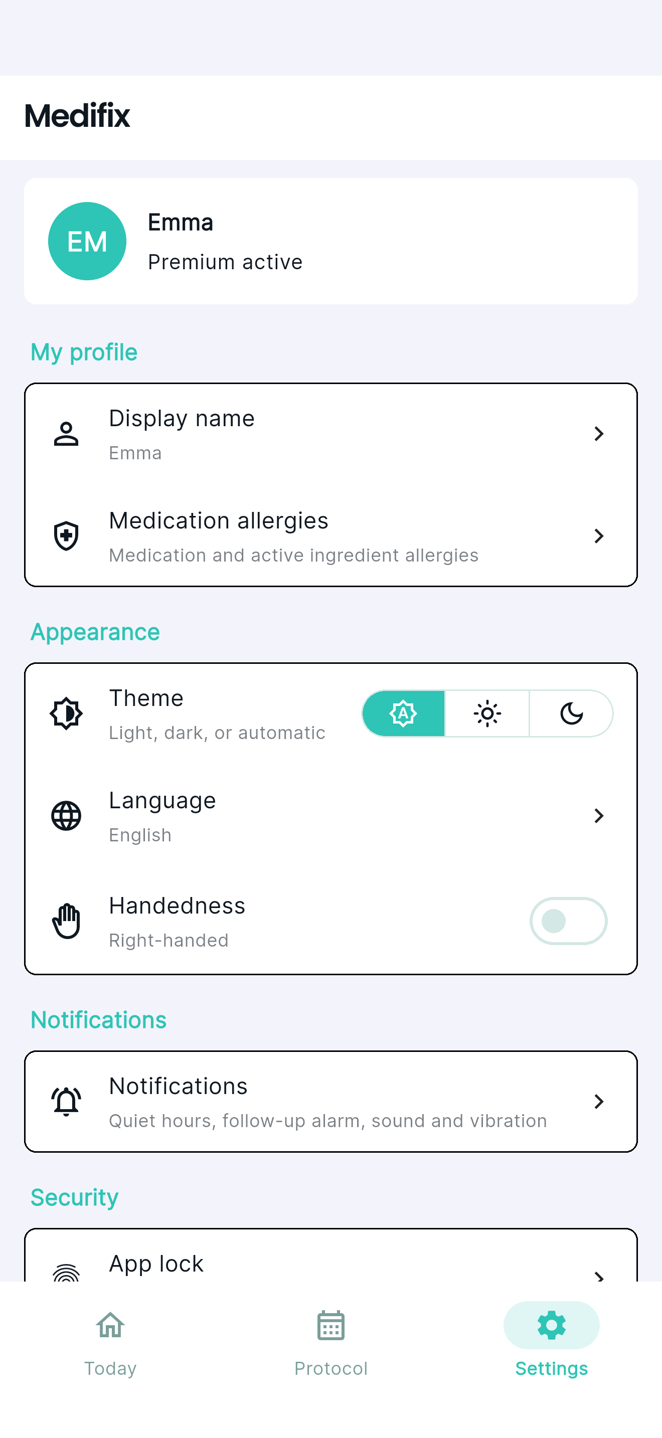Medifix settings screen with profile, appearance, and notification options