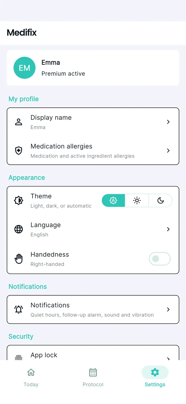 Medifix Einstellungen mit Profil, Design und Benachrichtigungen