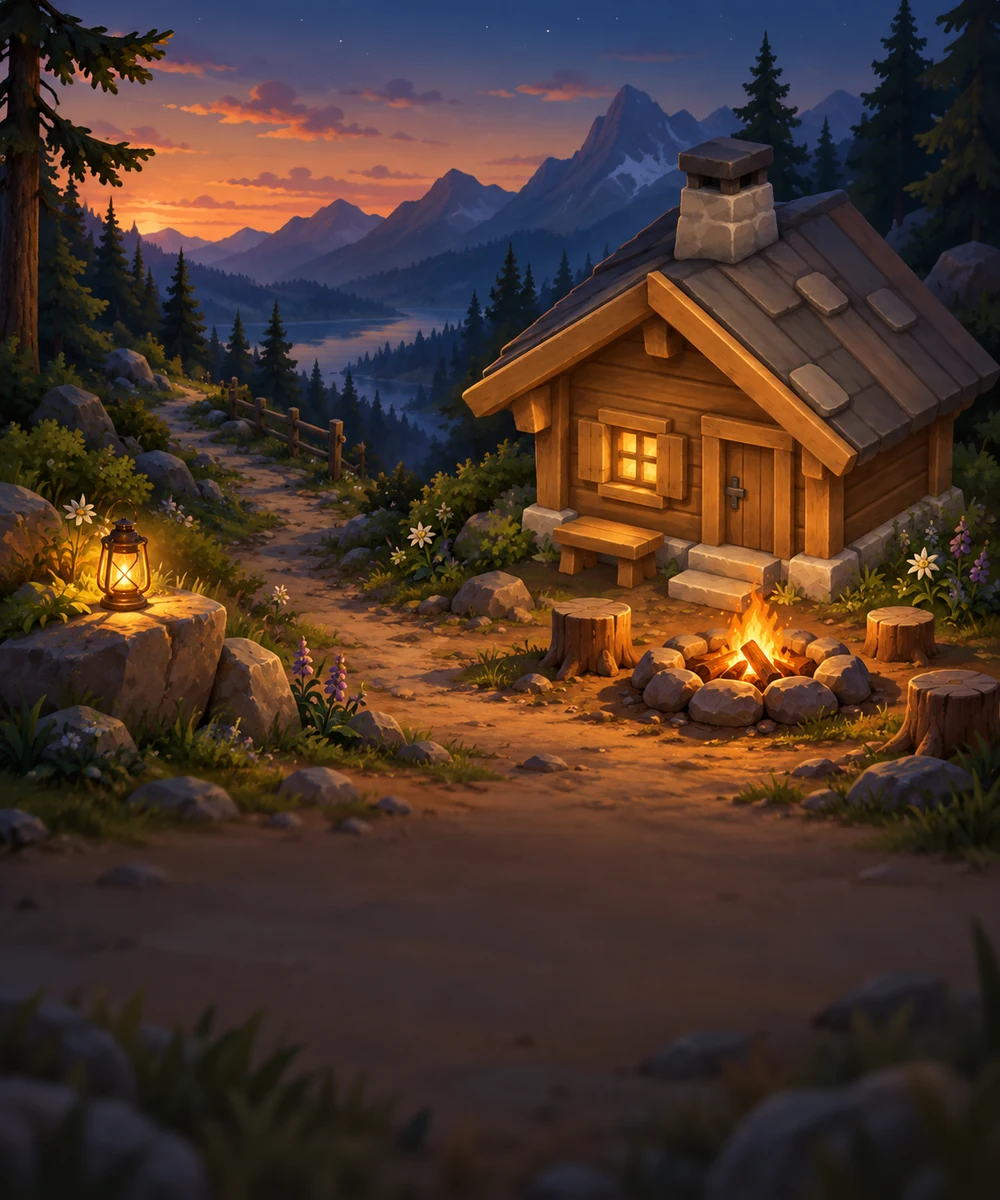 A wooden cabin with a campfire at dusk in front of a mountain lake