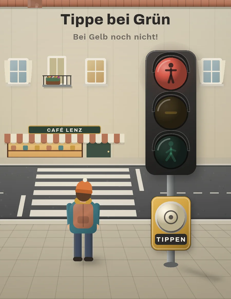 Detail: a hiker waiting at a pedestrian crossing
